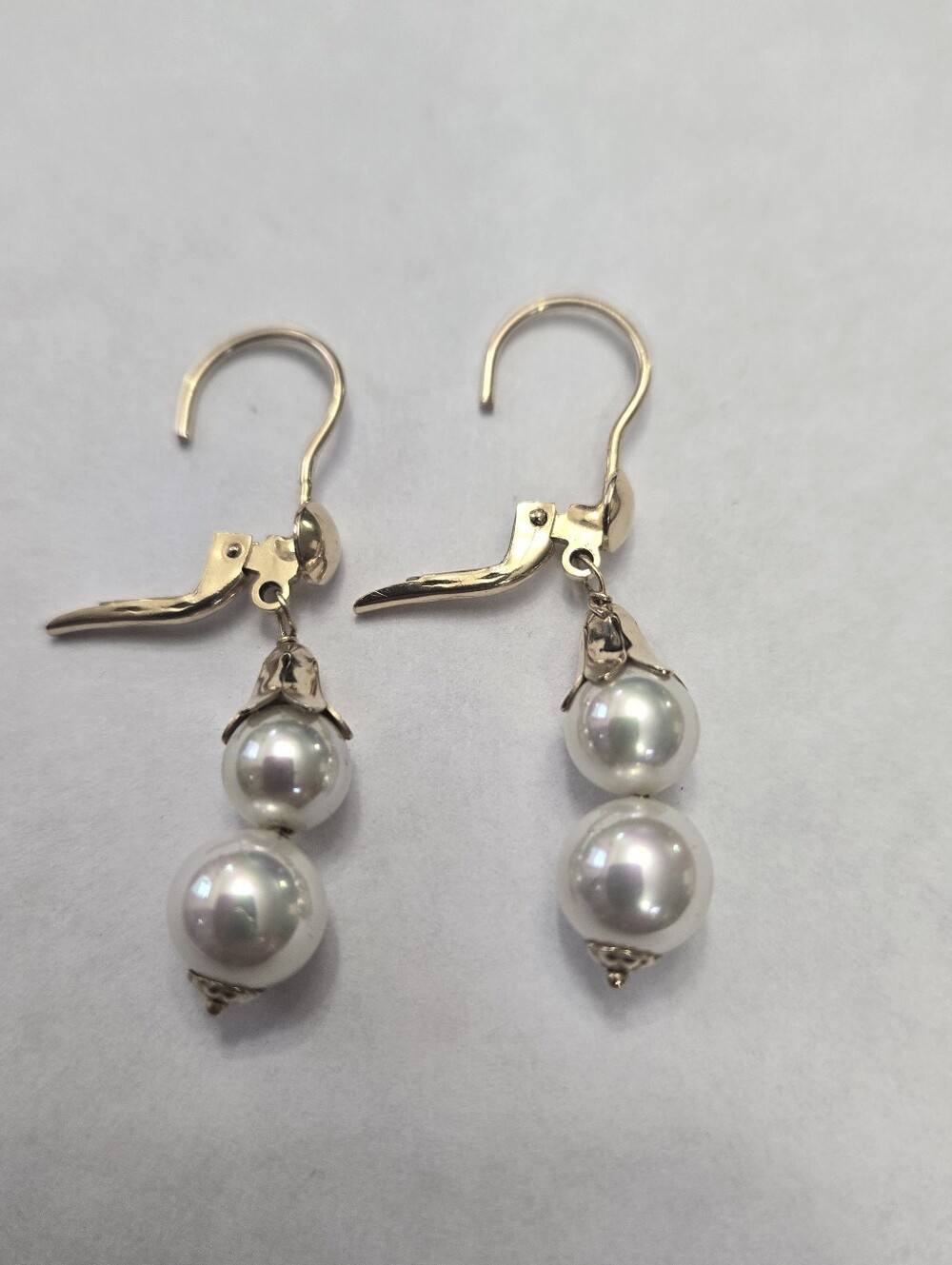 14kt Solid Yellow Gold double Pearl Drop Earrings